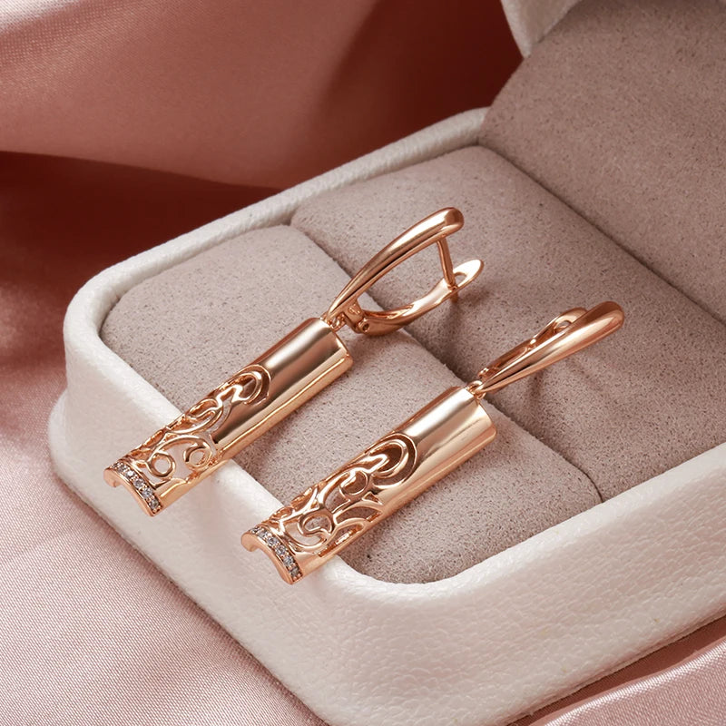 Trend Long Flower Vintage Dangle Earrings Women 585 Rose Gold With Natural Zircon