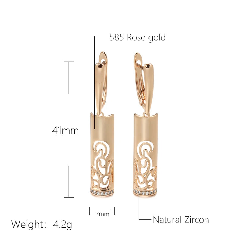 Trend Long Flower Vintage Dangle Earrings Women 585 Rose Gold With Natural Zircon