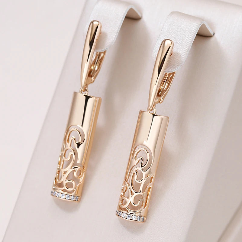 Trend Long Flower Vintage Dangle Earrings Women 585 Rose Gold With Natural Zircon
