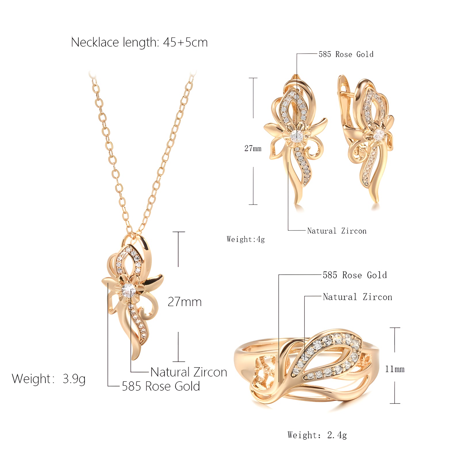 Luxury 3Pcs Natural Zircon Flower Earring Necklace Ring Sets for Women