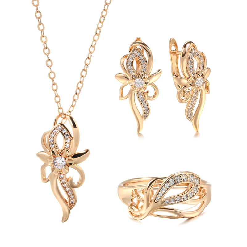 Luxury 3Pcs Natural Zircon Flower Earring Necklace Ring Sets for Women