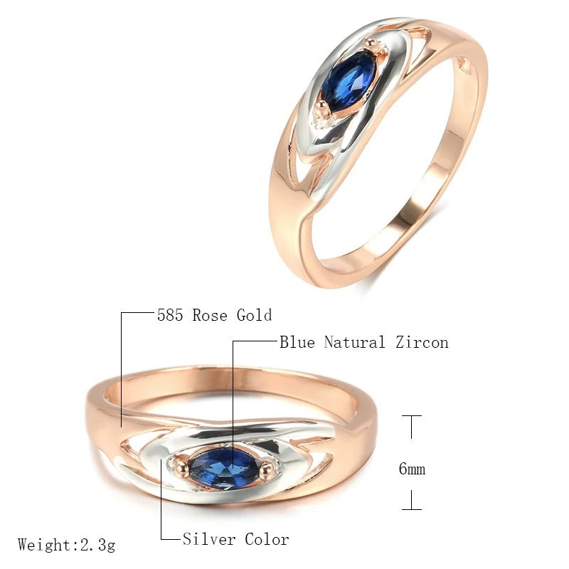 Luxury Blue Stone Ring 585 Rose Gold Mixed White Gold Women Wide Rings Trendy Natural Zircon Wedding Jewelry