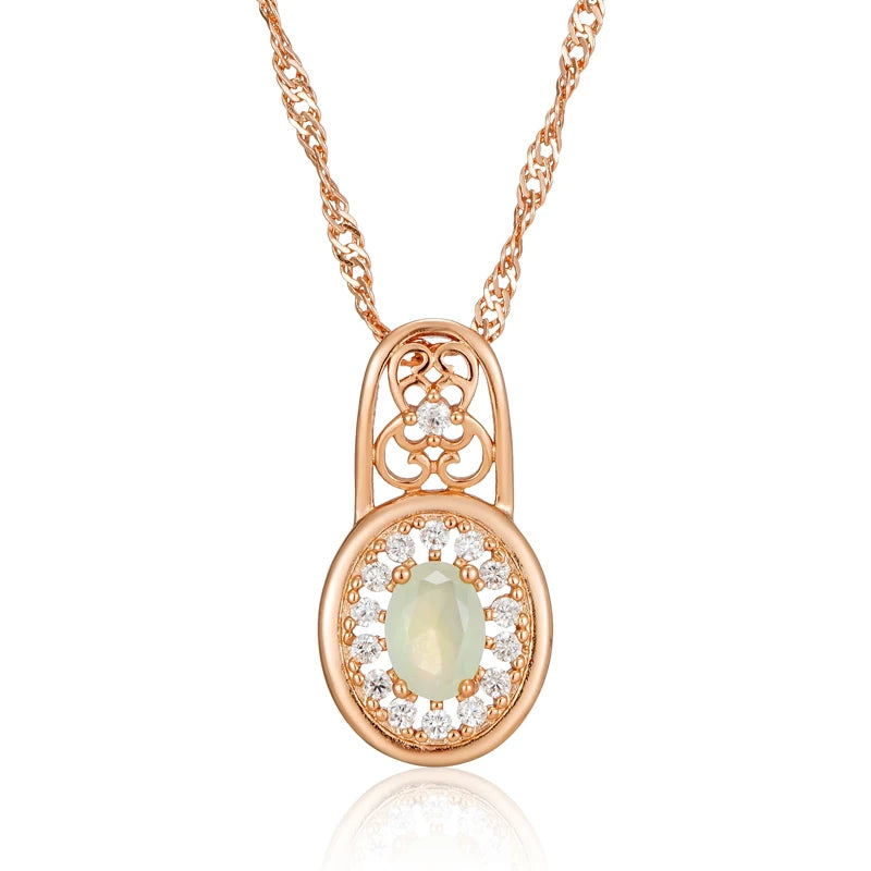 Luxury Natural Zircon Oval Cut Emerald Pendant Necklace With 585 Rose Gold Color Flower Ethnic Wedding Daily Jewelry