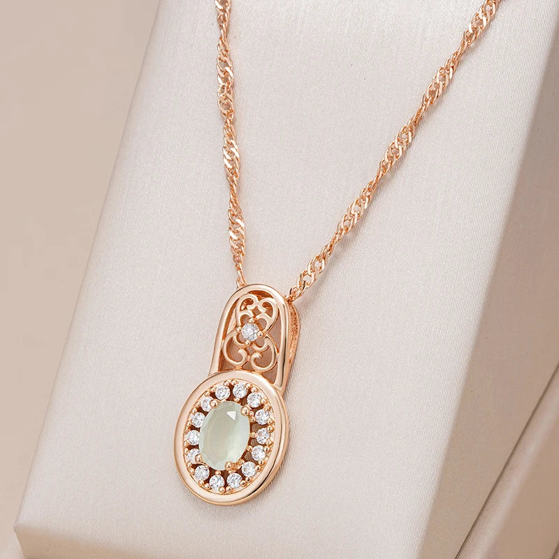 Luxury Natural Zircon Oval Cut Emerald Pendant Necklace With 585 Rose Gold Color Flower Ethnic Wedding Daily Jewelry