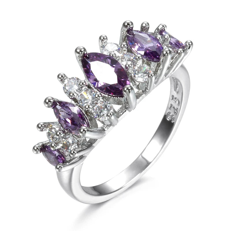 Purple Large Crystal Zircon Ring Luxury Fashion Silver Love Engagement Ring Vintage Women Wedding Ring