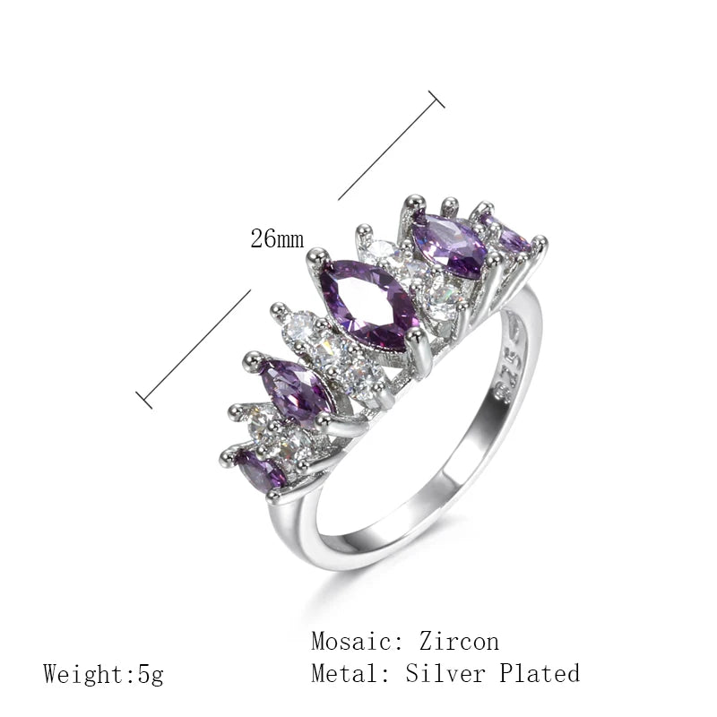 Purple Large Crystal Zircon Ring Luxury Fashion Silver Love Engagement Ring Vintage Women Wedding Ring