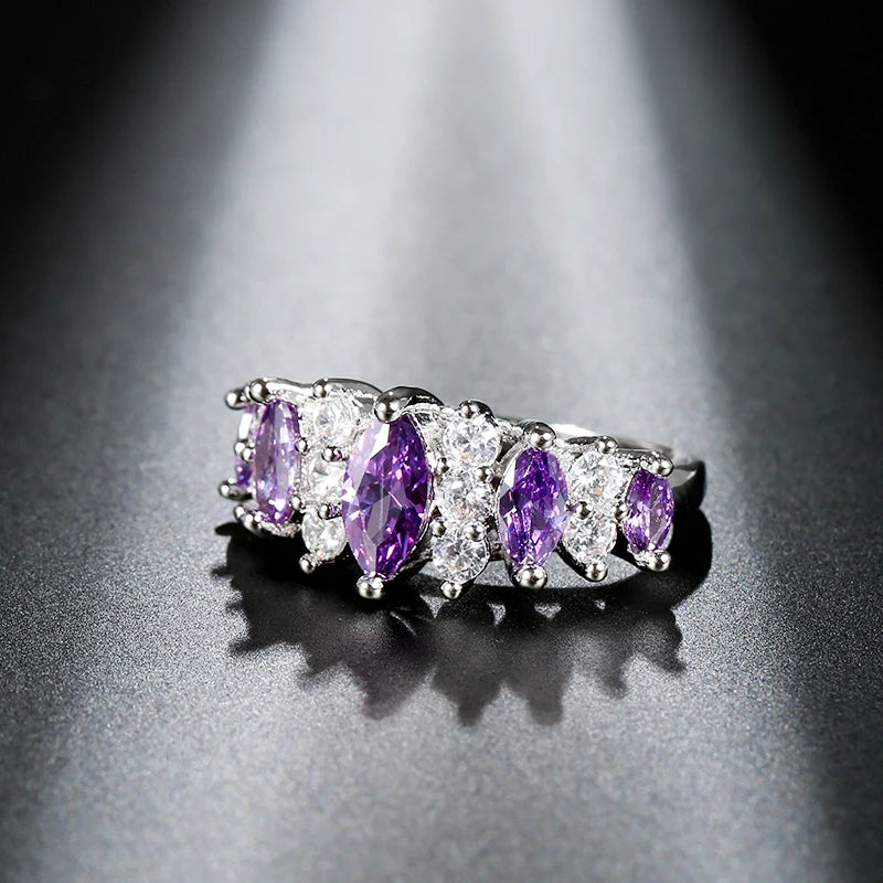 Purple Large Crystal Zircon Ring Luxury Fashion Silver Love Engagement Ring Vintage Women Wedding Ring