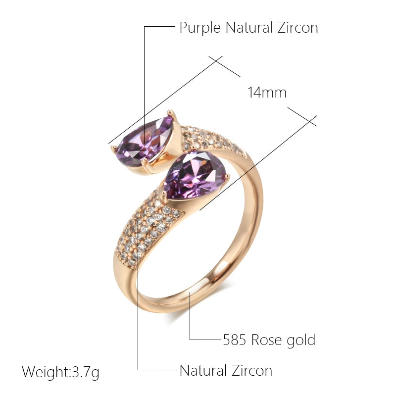 Luxury Purple Natural Zircon Ring For Women 585 Rose Gold Color Open Ring Vintage Wedding Daily Fine Jewelry