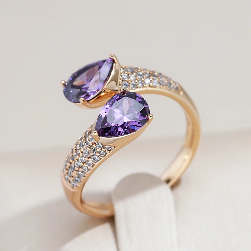 Luxury Purple Natural Zircon Ring For Women 585 Rose Gold Color Open Ring Vintage Wedding Daily Fine Jewelry