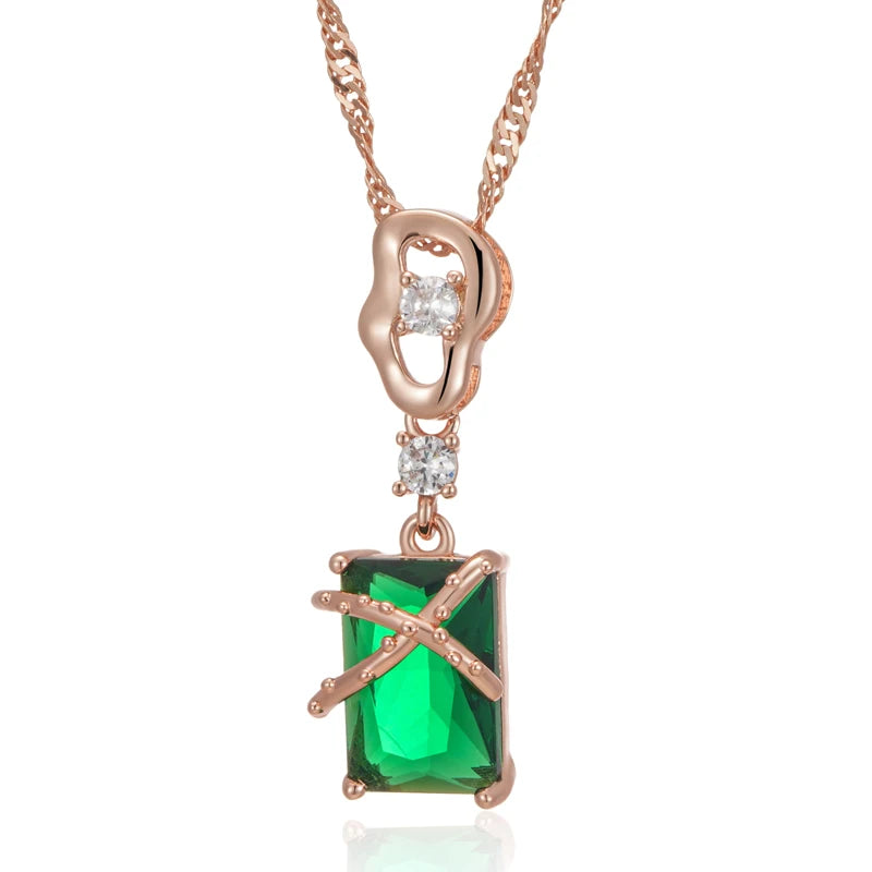 Luxury Square Green Natural Zircon Pendant Necklace For Women 585 Rose Gold Color Pendant