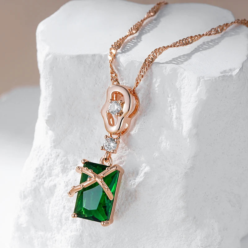 Luxury Square Green Natural Zircon Pendant Necklace For Women 585 Rose Gold Color Pendant