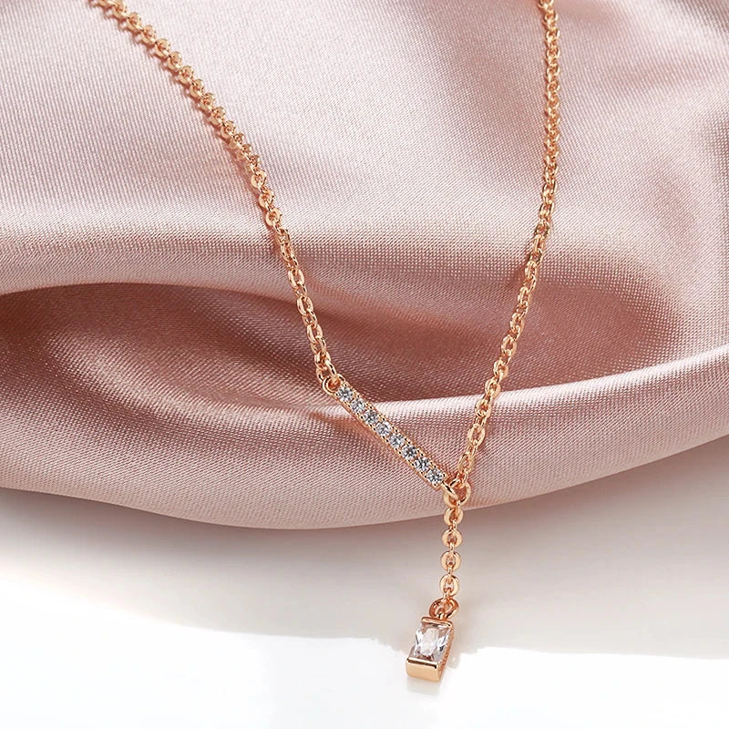 Luxury Square Natural Zircon Pendant Necklace for Women Trendy 585 Rose Gold Color High Quality Daily Fine Jewelry