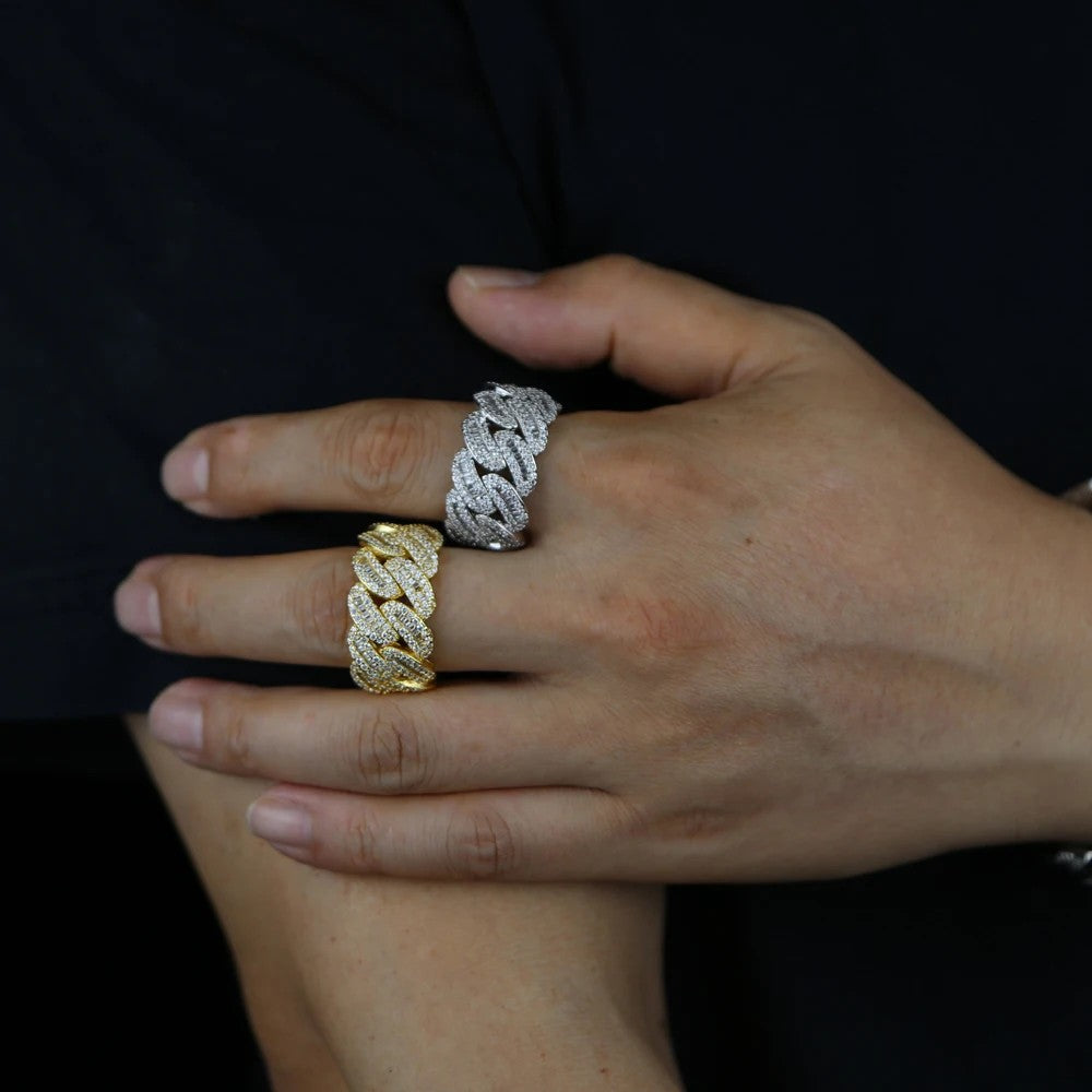 Cuban Link Chain Men's Ring Gold Plated Bling Iced Out Full Cubic Zircon Hip Hop Fashion