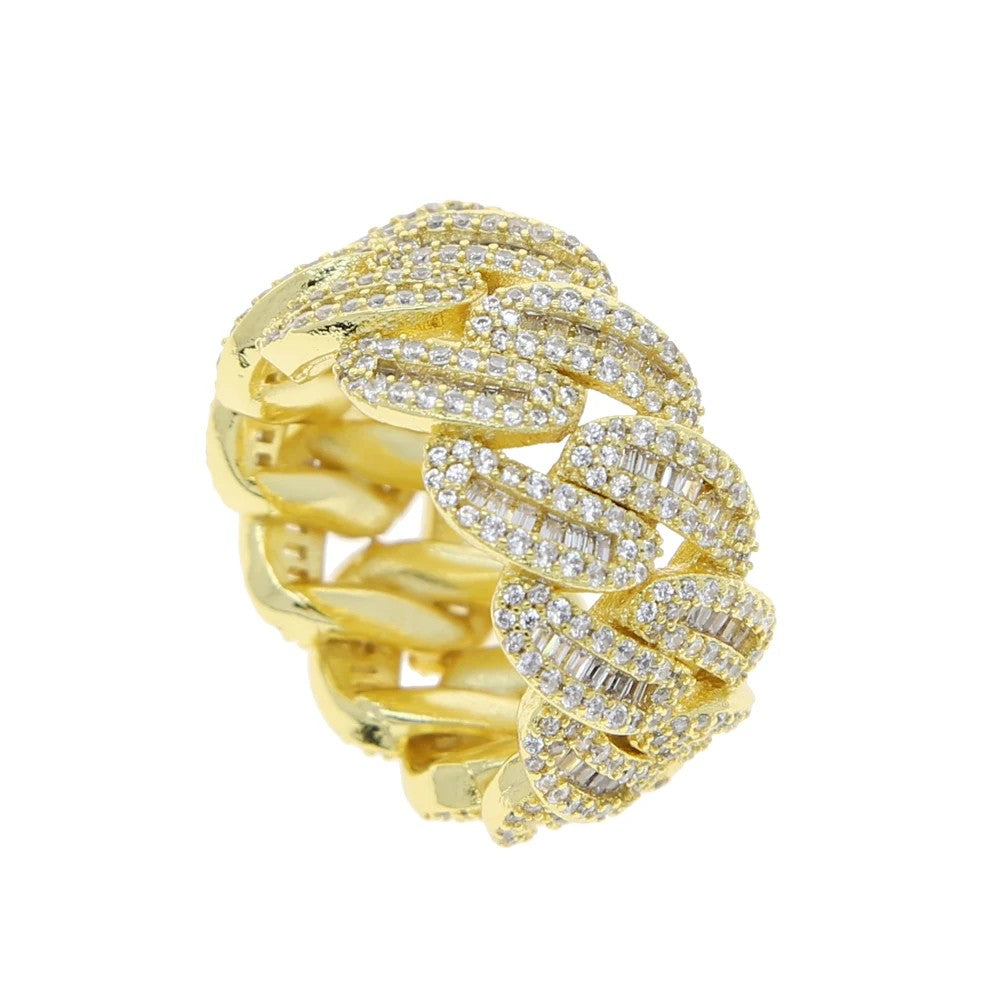 Cuban Link Chain Men's Ring Gold Plated Bling Iced Out Full Cubic Zircon Hip Hop Fashion