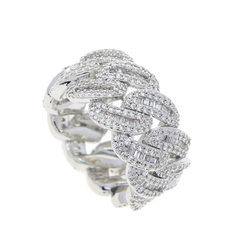 Cuban Link Chain Men's Ring Gold Plated Bling Iced Out Full Cubic Zircon Hip Hop Fashion