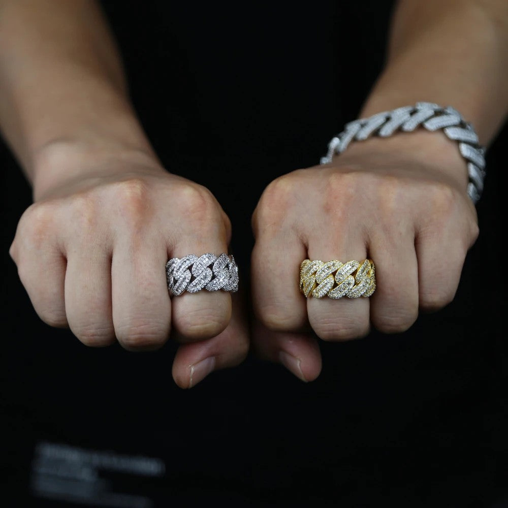 Cuban Link Chain Men's Ring Gold Plated Bling Iced Out Full Cubic Zircon Hip Hop Fashion