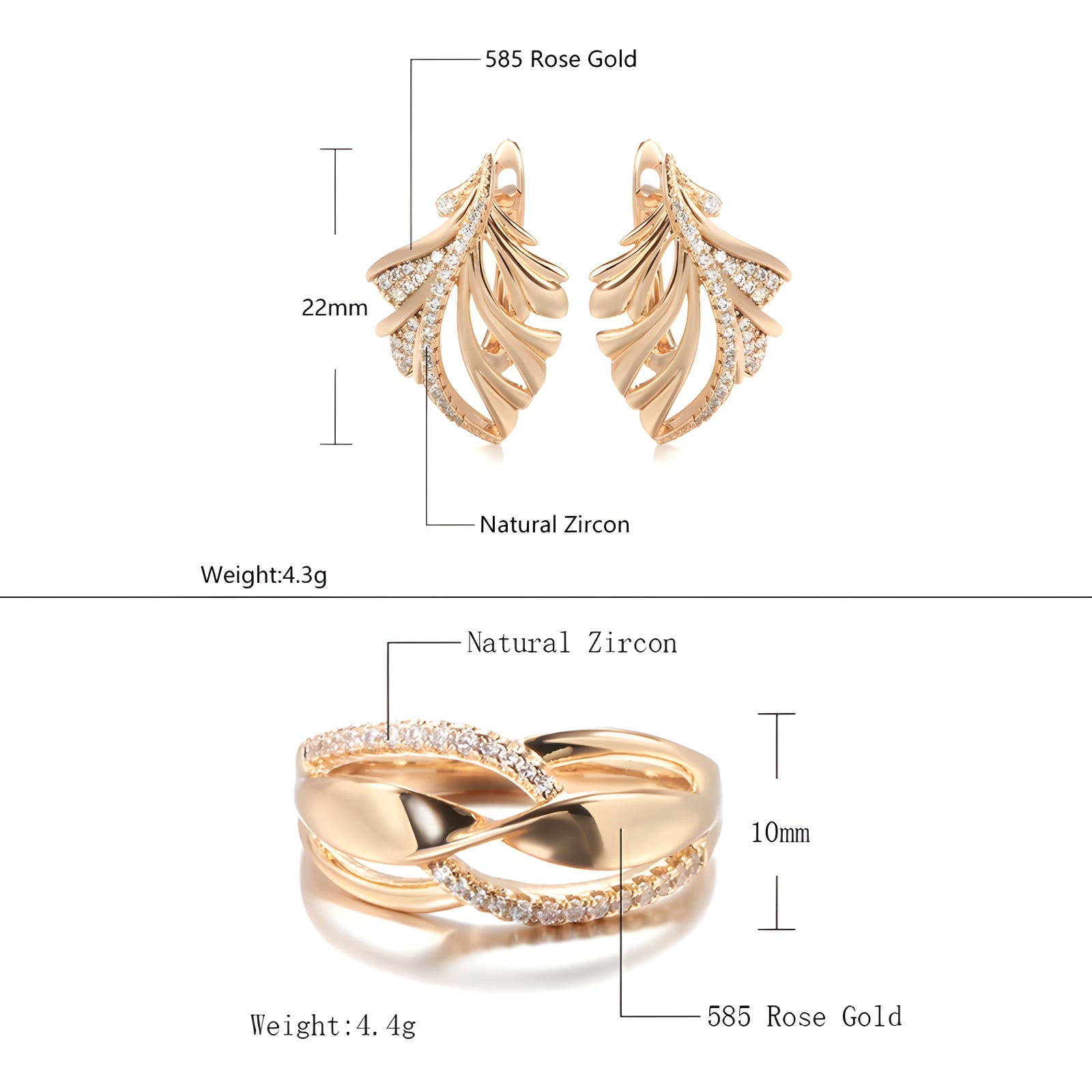 585 Rose Gold Earrings Ring for Women Micro-wax Inlay Natural Zircon Leaf Earrings Geometry Ring Wedding Jewelry Sets