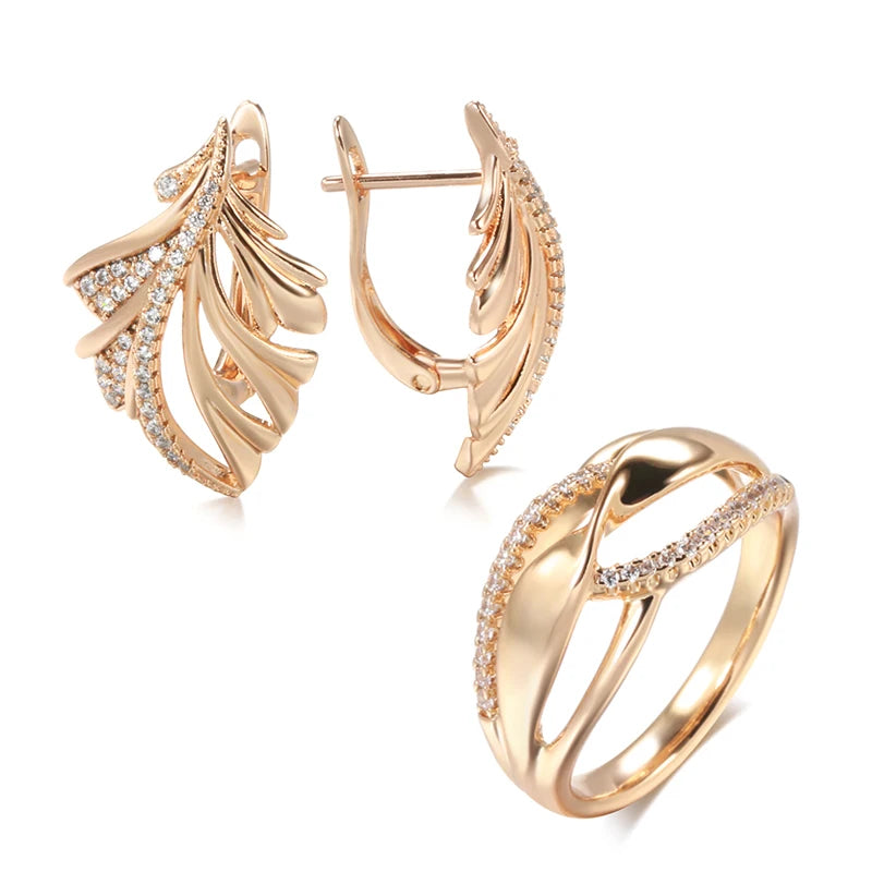585 Rose Gold Earrings Ring for Women Micro-wax Inlay Natural Zircon Leaf Earrings Geometry Ring Wedding Jewelry Sets