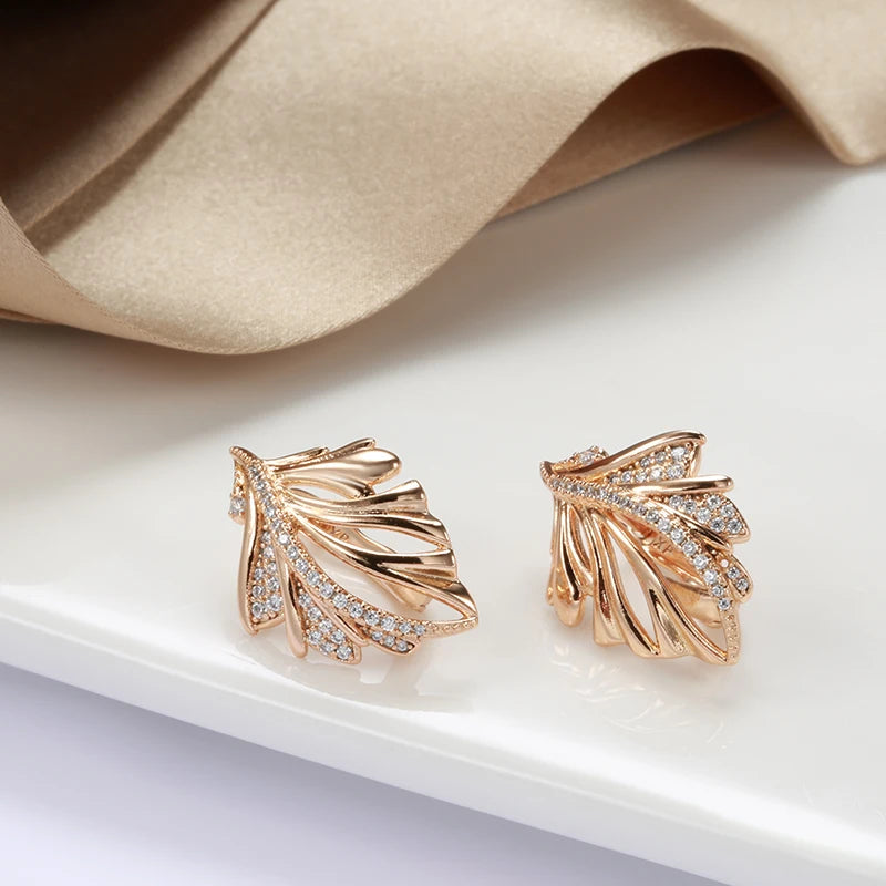 585 Rose Gold Earrings Ring for Women Micro-wax Inlay Natural Zircon Leaf Earrings Wedding Jewelry Sets