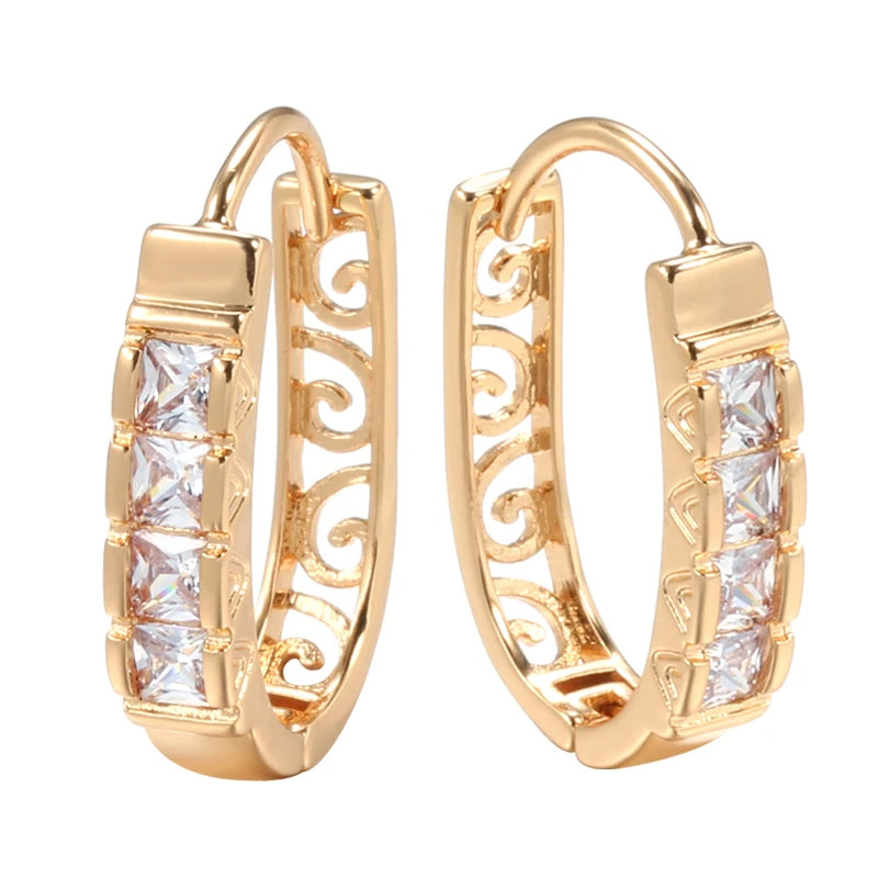 New Fashion Natural Zircon Hoop Earrings Women 585 Rose Gold Hollow Flower Drop Earrings