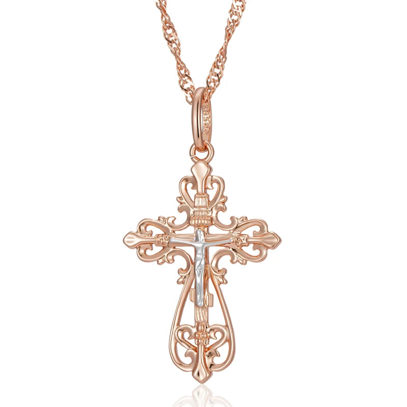 Orthodox Church Cross Pendant Necklace for Women Men 585 Rose Gold Silver Color Mix Charm Daily Fine Ethnic Jewelry