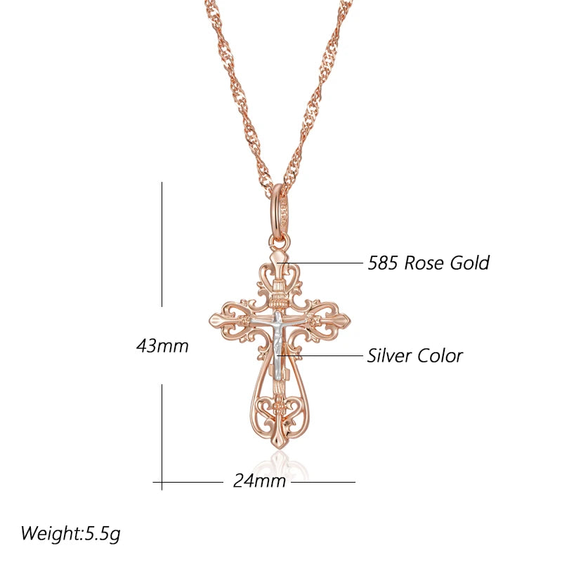 Orthodox Church Cross Pendant Necklace for Women Men 585 Rose Gold Silver Color Mix Charm Daily Fine Ethnic Jewelry