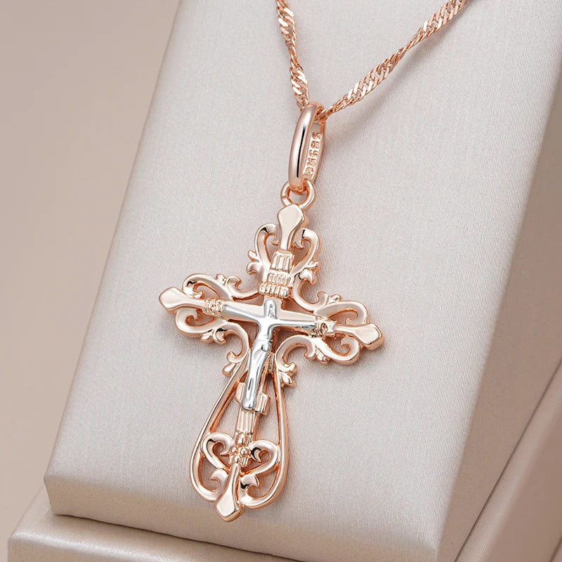 Orthodox Church Cross Pendant Necklace for Women Men 585 Rose Gold Silver Color Mix Charm Daily Fine Ethnic Jewelry