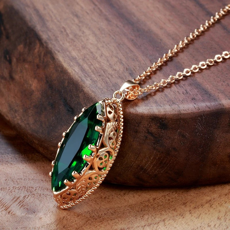 Rose Gold Ethnic Necklace Earrings Ring Set Rhombus Natural Zircon Hollow Flower Vintage Jewelry Sets