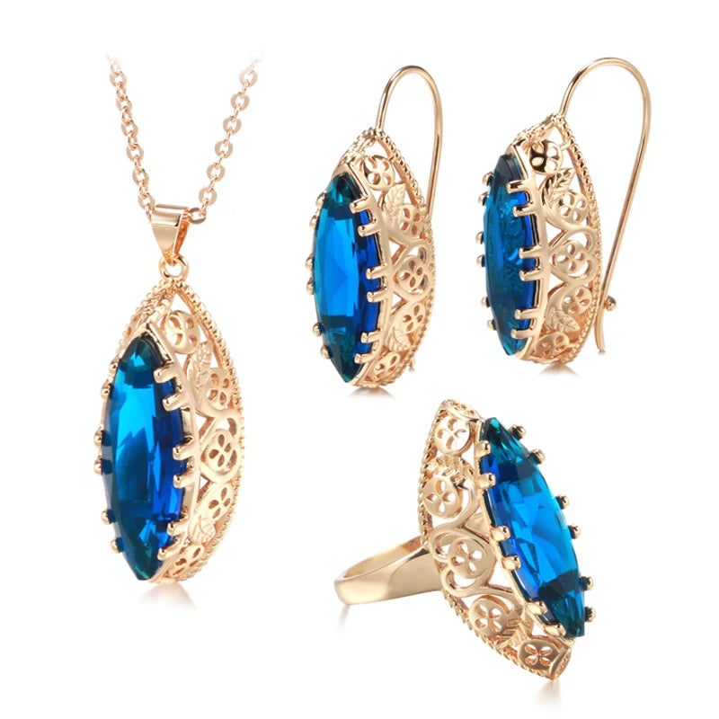 Rose Gold Ethnic Necklace Earrings Ring Set Rhombus Natural Zircon Hollow Flower Vintage Jewelry Sets
