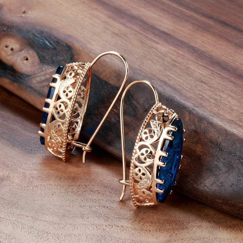 Rose Gold Ethnic Necklace Earrings Ring Set Rhombus Natural Zircon Hollow Flower Vintage Jewelry Sets