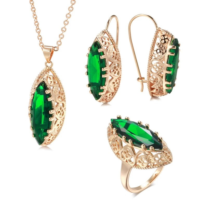 Rose Gold Ethnic Necklace Earrings Ring Set Rhombus Natural Zircon Hollow Flower Vintage Jewelry Sets