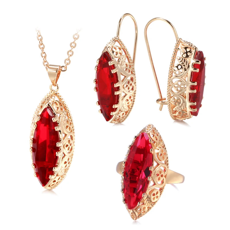 Rose Gold Ethnic Necklace Earrings Ring Set Rhombus Natural Zircon Hollow Flower Vintage Jewelry Sets