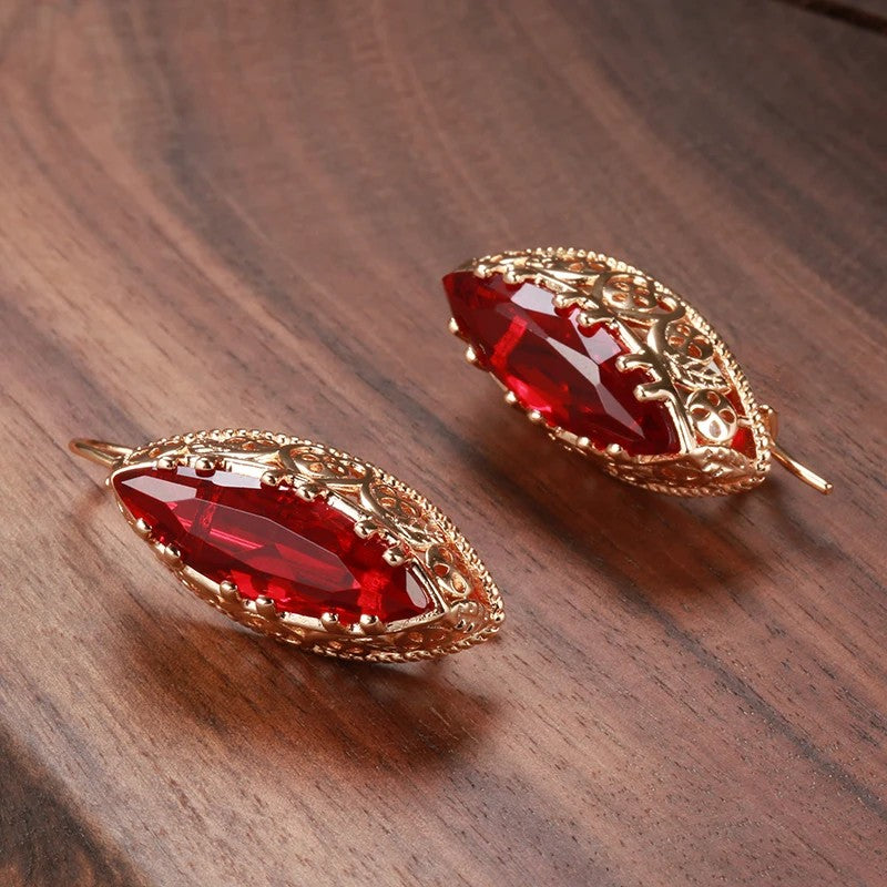 Rose Gold Ethnic Necklace Earrings Ring Set Rhombus Natural Zircon Hollow Flower Vintage Jewelry Sets