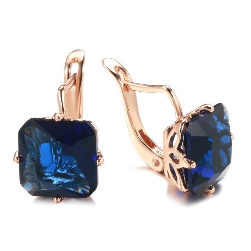 Luxury 585 Rose Gold Bride Women Earring Wedding Jewelry Fashion Big Square Blue Natural Zircon Drop Earring