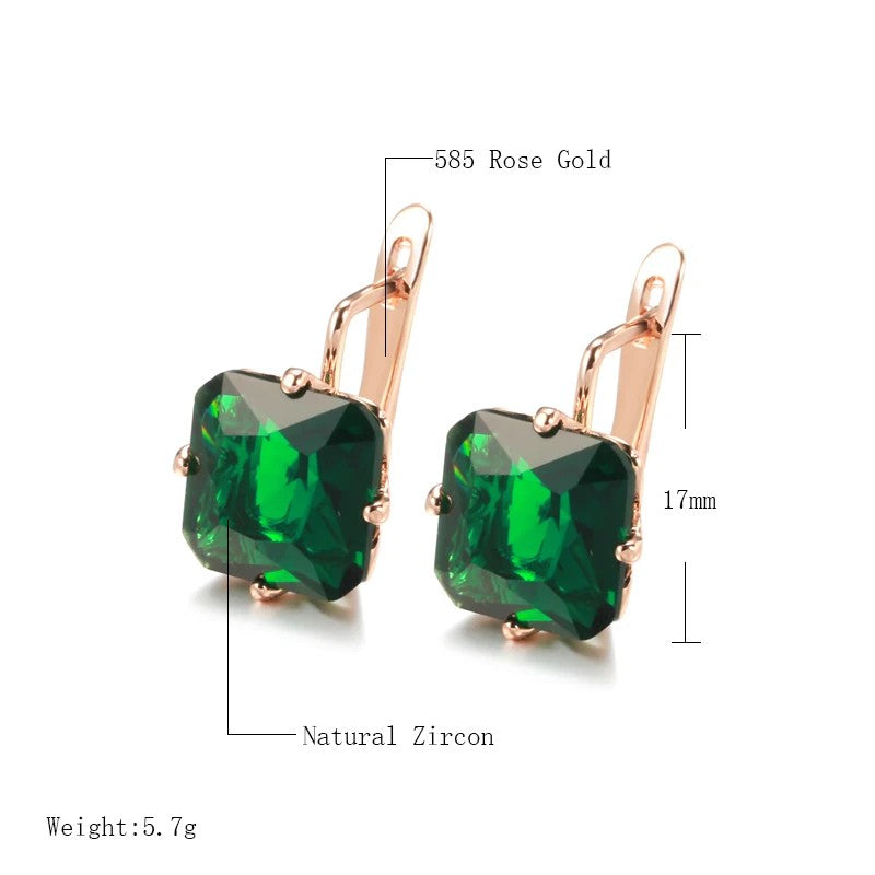 Luxury 585 Rose Gold Bride Women Earring Wedding Jewelry Fashion Big Square /Green Natural Zircon Drop Earring