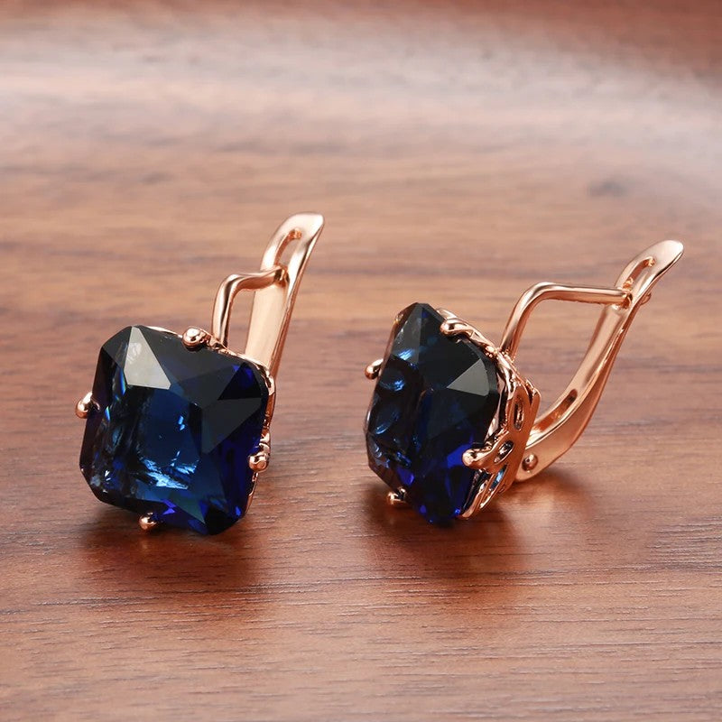 Luxury 585 Rose Gold Bride Women Earring Wedding Jewelry Fashion Big Square Blue Natural Zircon Drop Earring