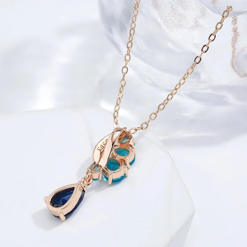 585 Rose Gold Color Pendant Necklace for Women's Blue Natural Zircon Accessories Ethnic Vintage Daily Fine Jewelry