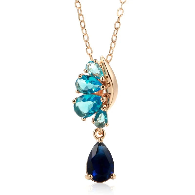 585 Rose Gold Color Pendant Necklace for Women's Blue Natural Zircon Accessories Ethnic Vintage Daily Fine Jewelry