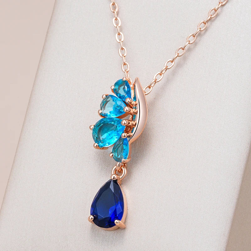 585 Rose Gold Color Pendant Necklace for Women's Blue Natural Zircon Accessories Ethnic Vintage Daily Fine Jewelry