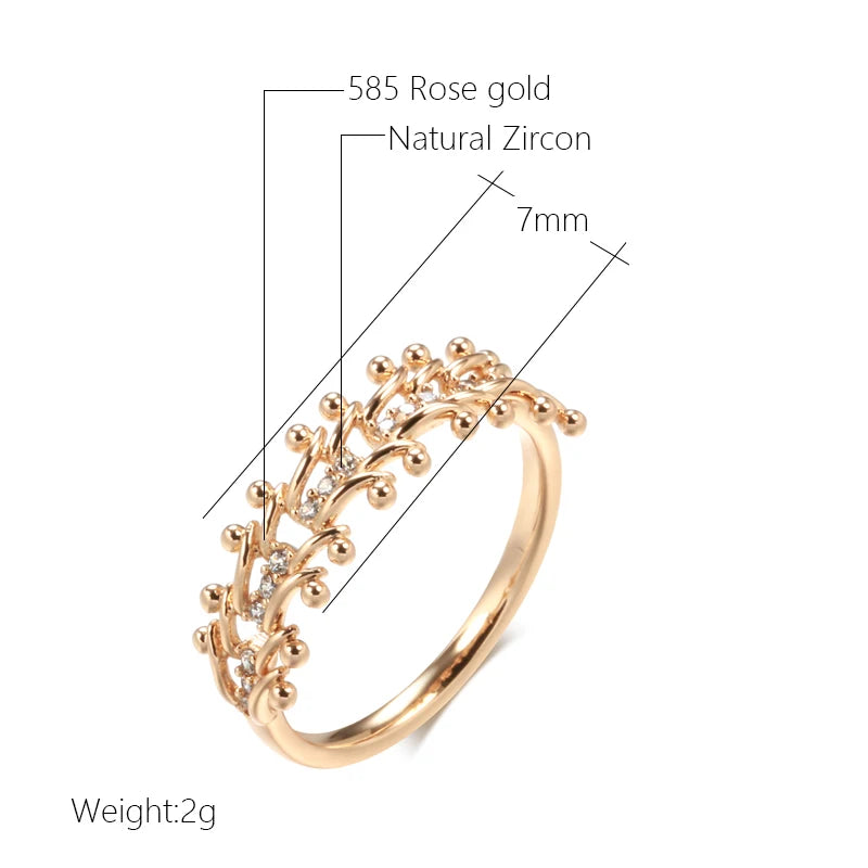 Trend 585 Rose Gold Color Ethnic Bride Ring for Women Unique Vintage Natural Zircon Glossy Metal Flower Ring Daily Jewelry