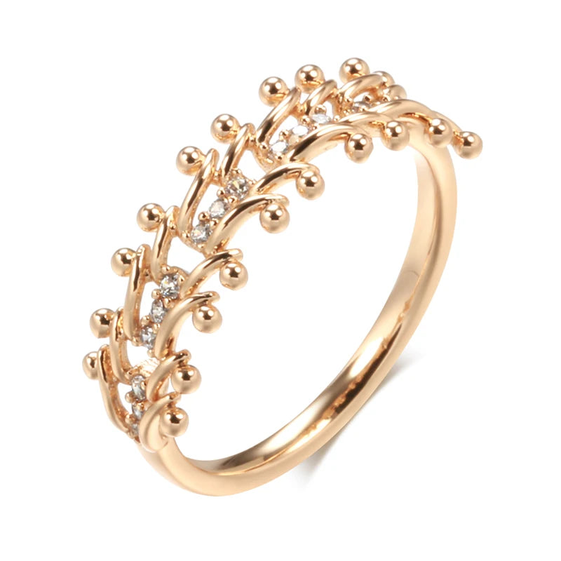 Trend 585 Rose Gold Color Ethnic Bride Ring for Women Unique Vintage Natural Zircon Glossy Metal Flower Ring Daily Jewelry