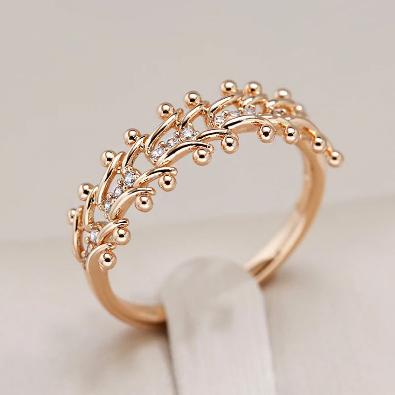 Trend 585 Rose Gold Color Ethnic Bride Ring for Women Unique Vintage Natural Zircon Glossy Metal Flower Ring Daily Jewelry