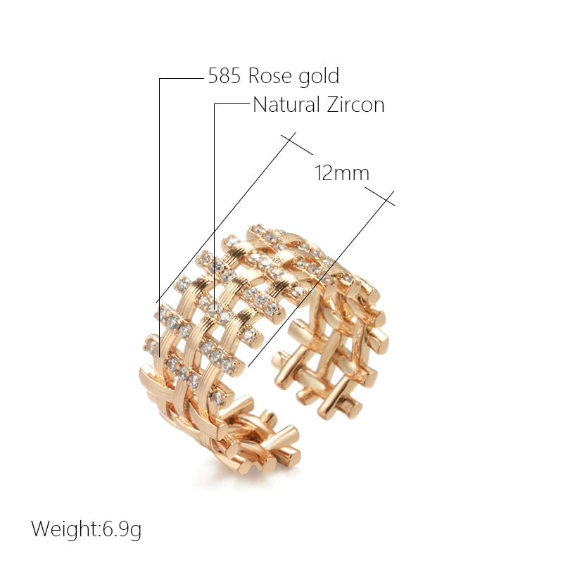Trend 585 Rose Gold Color Big Ring for Women Vintage Natural Zircon Glossy Metal Weave Ring Ethnic Bride Daily Jewelry