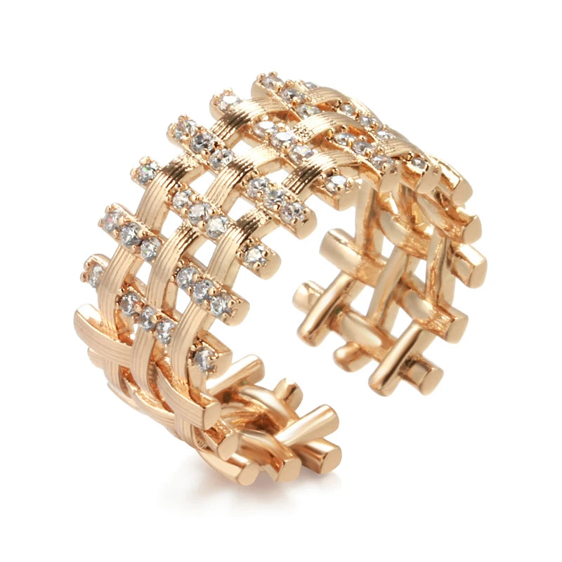 Trend 585 Rose Gold Color Big Ring for Women Vintage Natural Zircon Glossy Metal Weave Ring Ethnic Bride Daily Jewelry