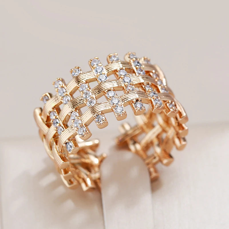 Trend 585 Rose Gold Color Big Ring for Women Vintage Natural Zircon Glossy Metal Weave Ring Ethnic Bride Daily Jewelry