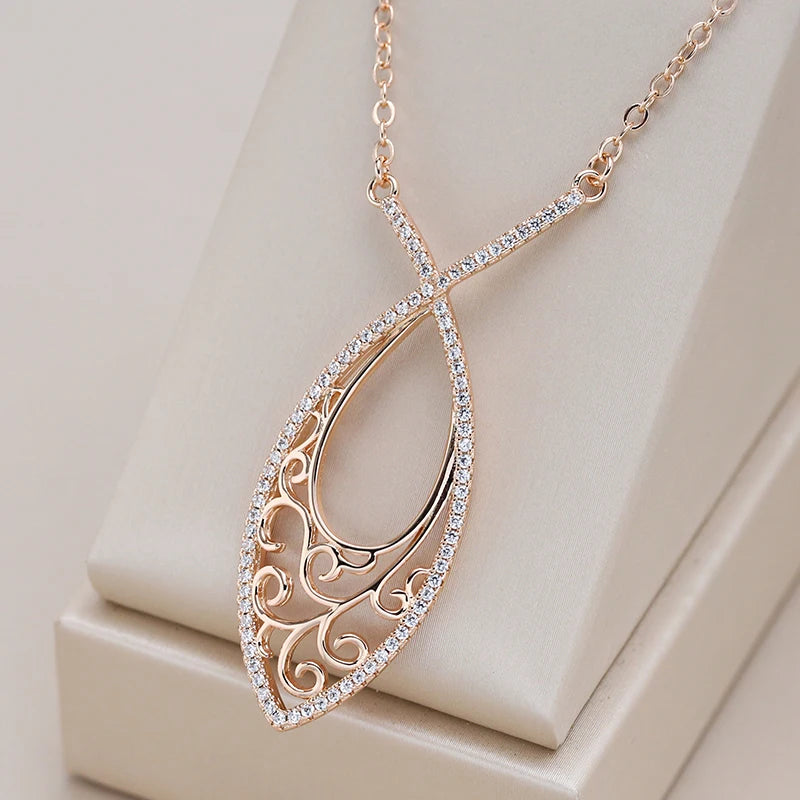 Trend 585 Rose Gold Color Pendant Necklaces For Women Natural Zircon Accessories Hollow Flower Pendant Vintage Jewelry