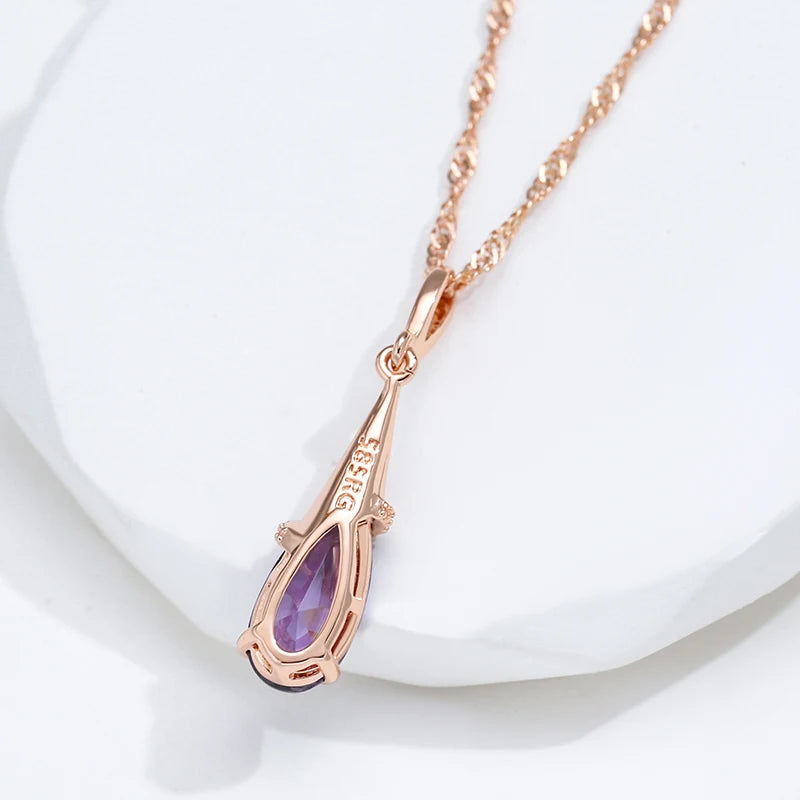 Rose Gold Color Long Pendant Water Drop Purple Natural Zircon Necklace for Women Fine Daily Wear Jewelry Gift