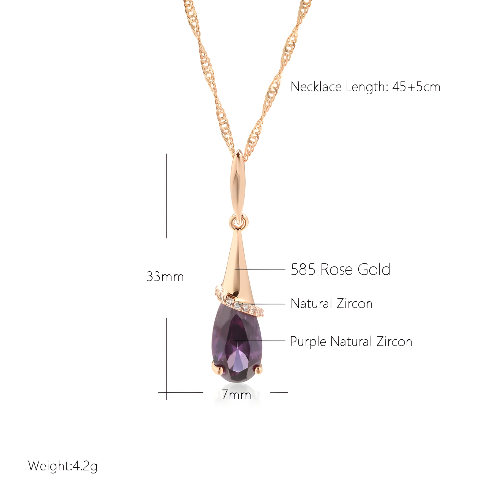Rose Gold Color Long Pendant Water Drop Purple Natural Zircon Necklace for Women Fine Daily Wear Jewelry Gift
