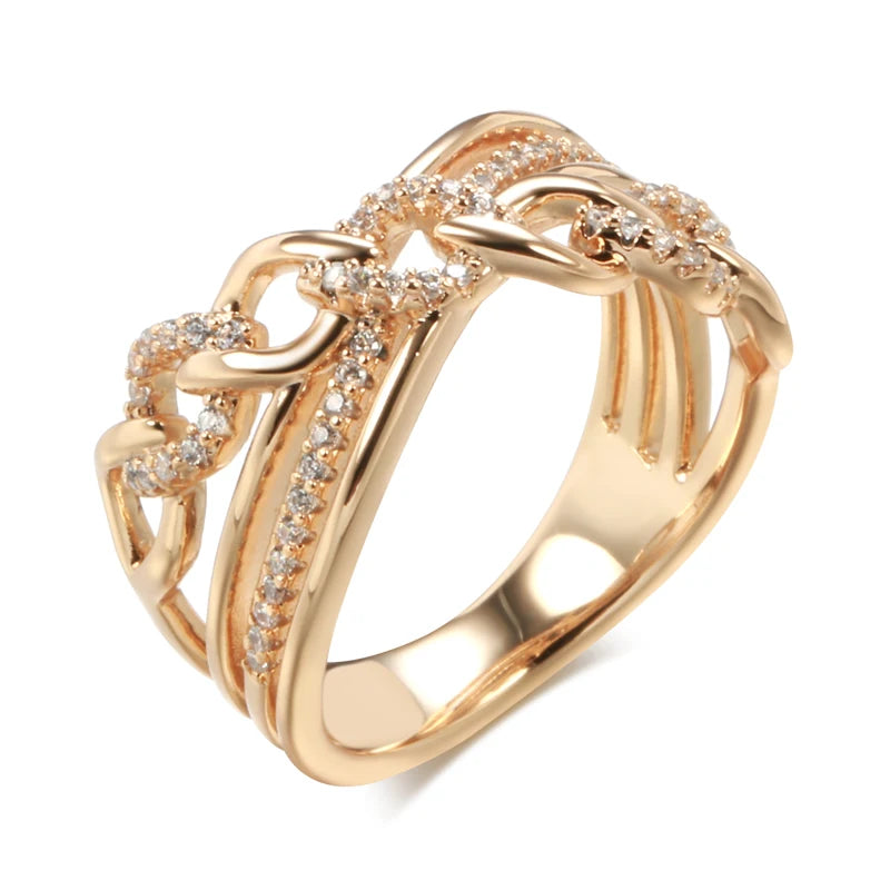 585 Rose Gold Color Natural Zircon Big Rings for Women Unique Cross Ring Fashion Modern Wedding Party Daily Jewelry