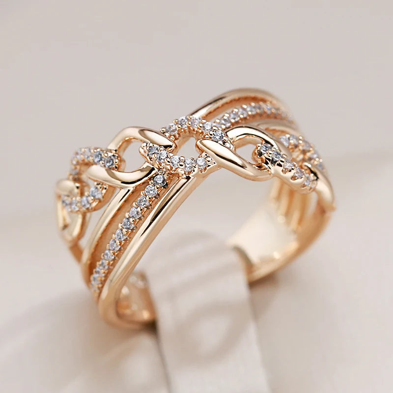 585 Rose Gold Color Natural Zircon Big Rings for Women Unique Cross Ring Fashion Modern Wedding Party Daily Jewelry